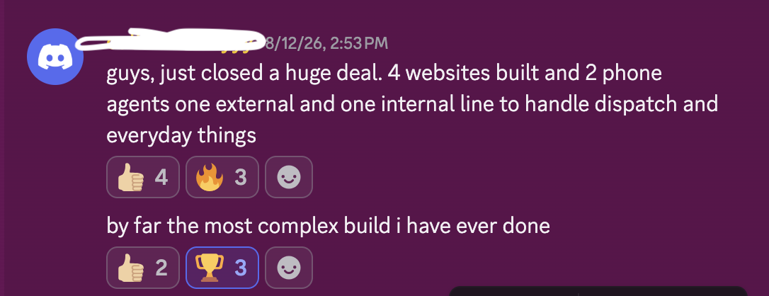 Member message: just closed a huge deal, 4 websites and 2 phone agents