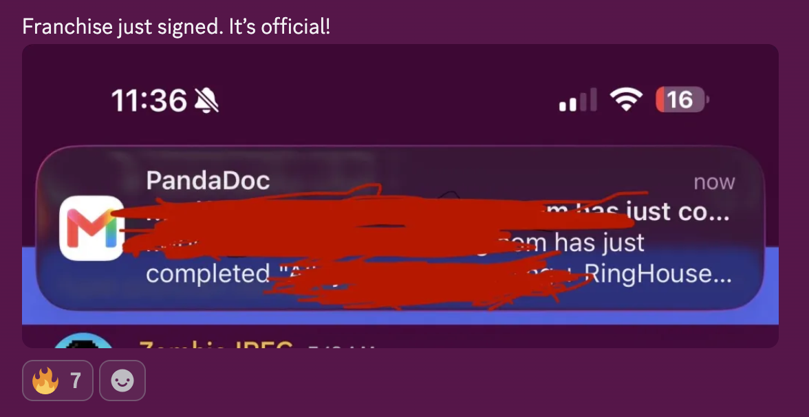 Member message: franchise just signed, PandaDoc agreement completed