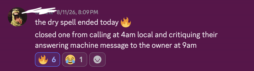 Member message: the dry spell ended, closed one from calling at 4am