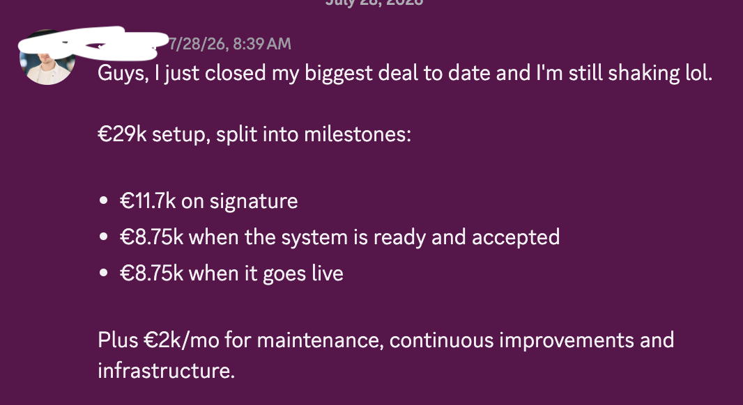 Member message: closed my biggest deal to date, a €29k setup plus €2k a month