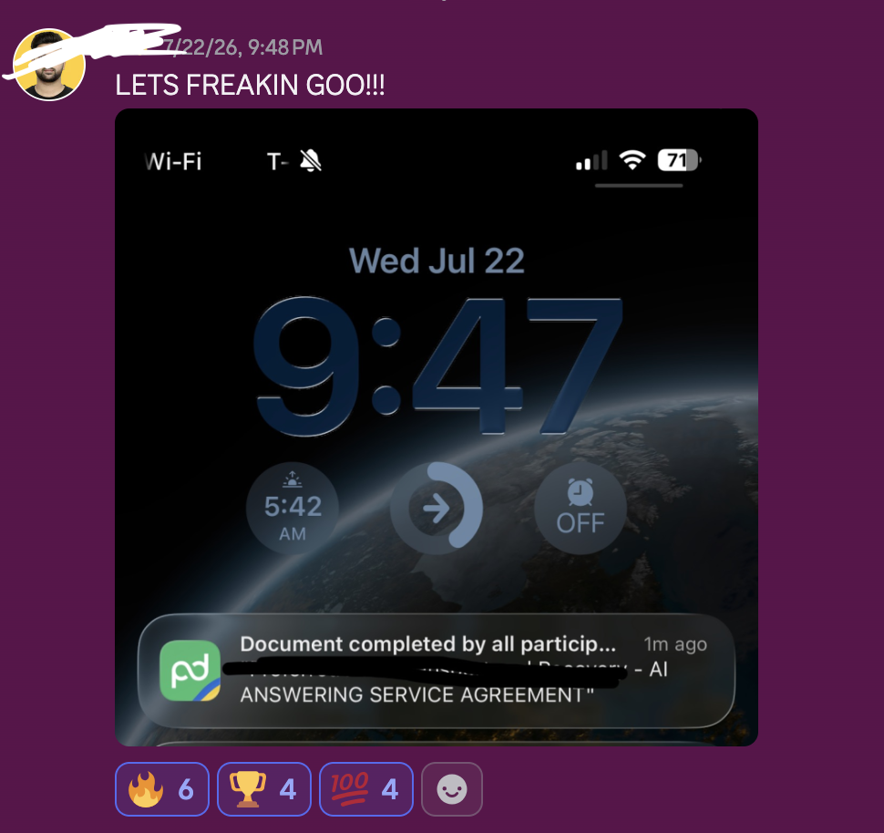 Member message: LETS FREAKIN GOO, an answering service agreement signed at 9:47