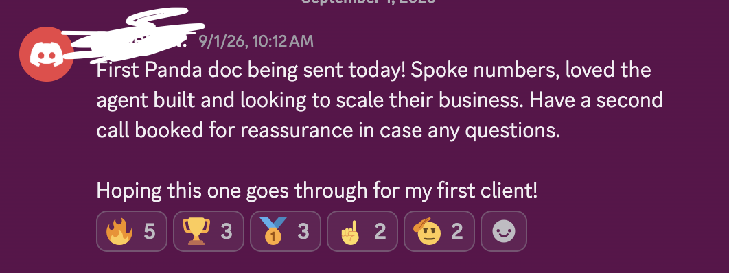 Member message: first PandaDoc sent today, hoping for my first client
