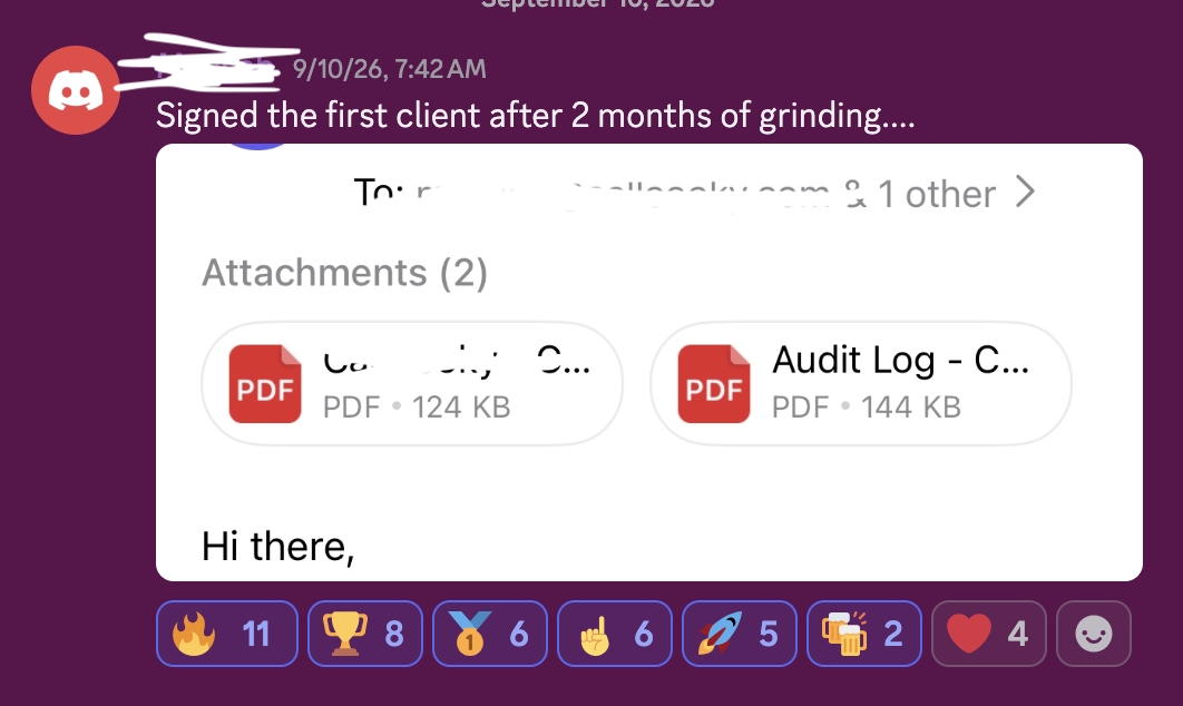 Member message: signed the first client after 2 months of grinding