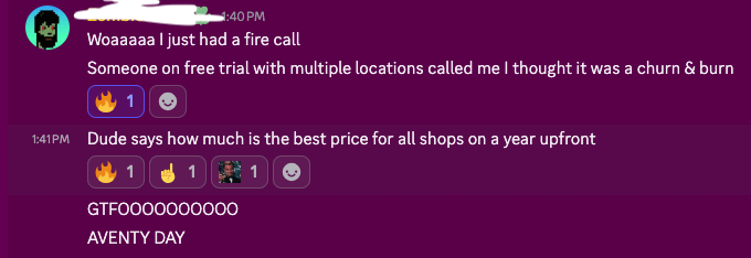 Member message: a free-trial lead asked for the best price for all shops on a year upfront