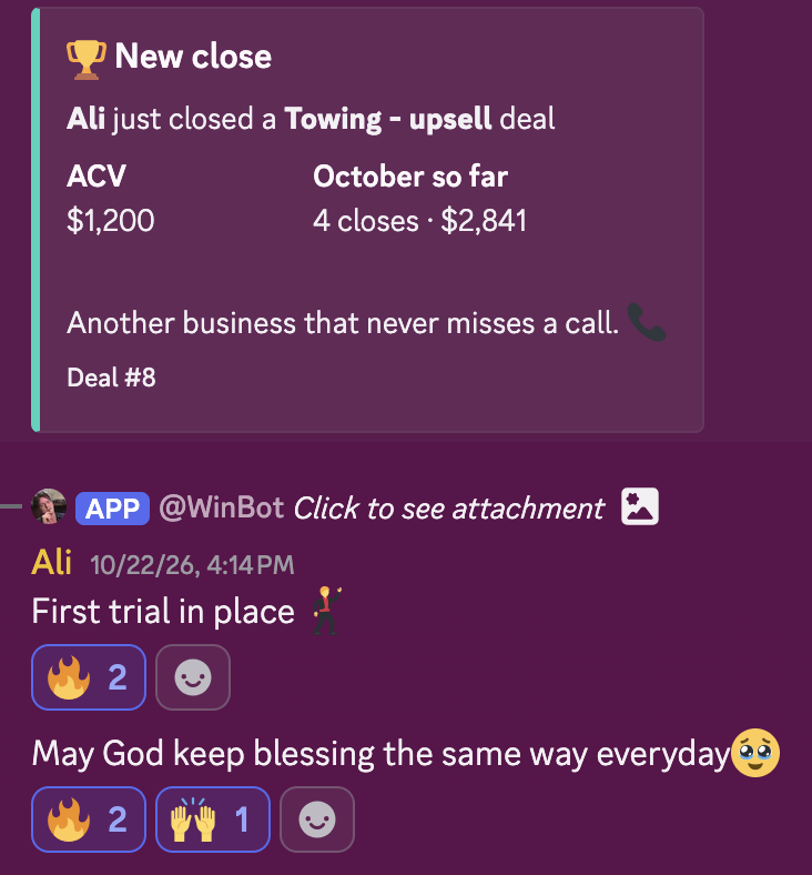 Deal alert: a towing upsell deal closed for $1,200, and a member celebrating their first trial